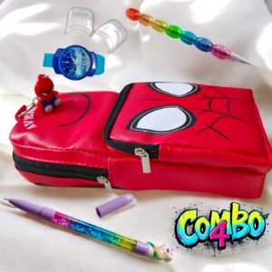 Kids Superhero School Combo Set | Cartoon Backpack Pencil Pouch, Watch & Rainbow Pen Set | Stylish Stationery Kit for Boys & Girls